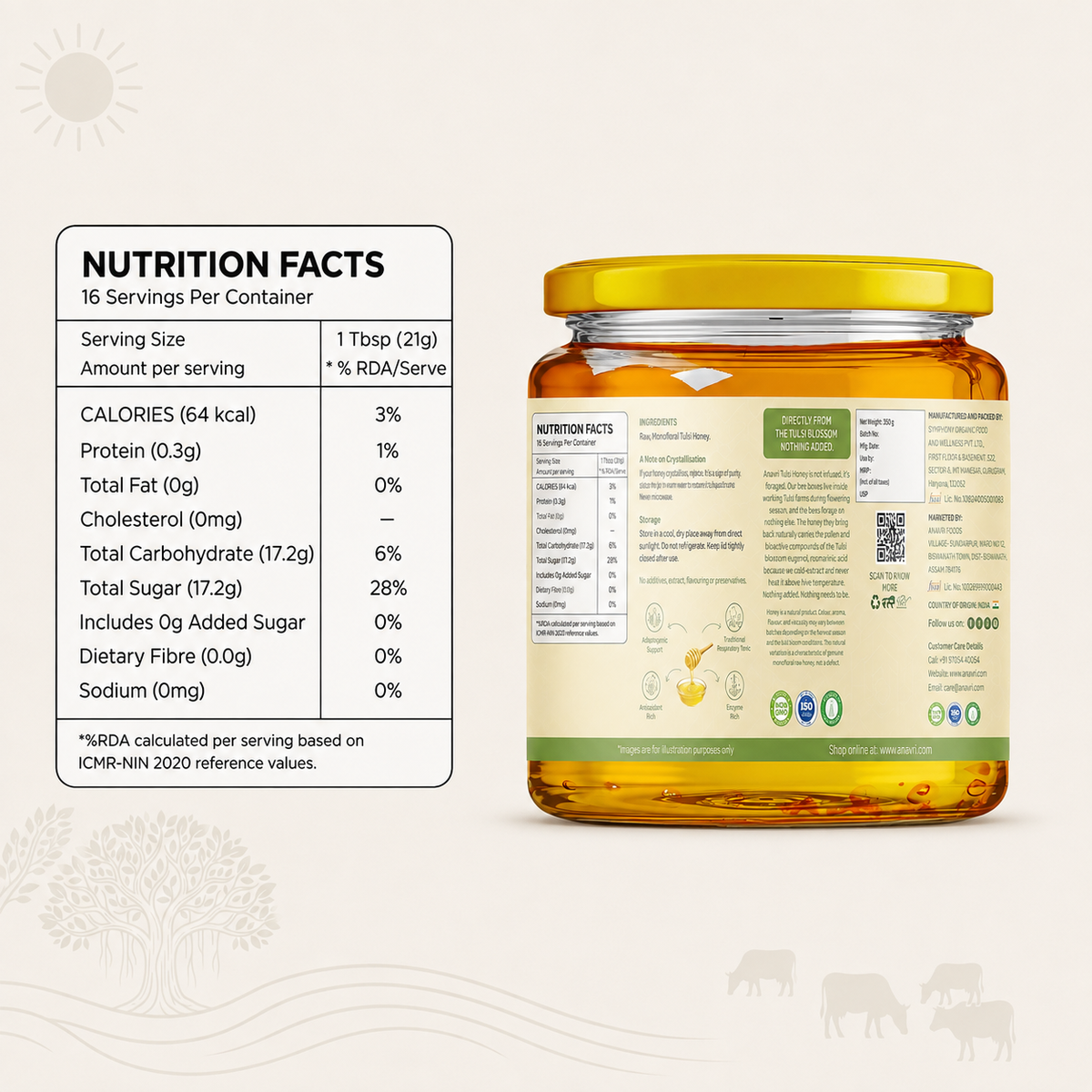 Monofloral Tulsi Honey 350g - Nutrition Facts